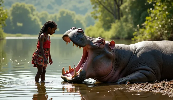 A  native girl opens the jaws of a hippopotamus that is on the banks of an African river.  high quality 8K .