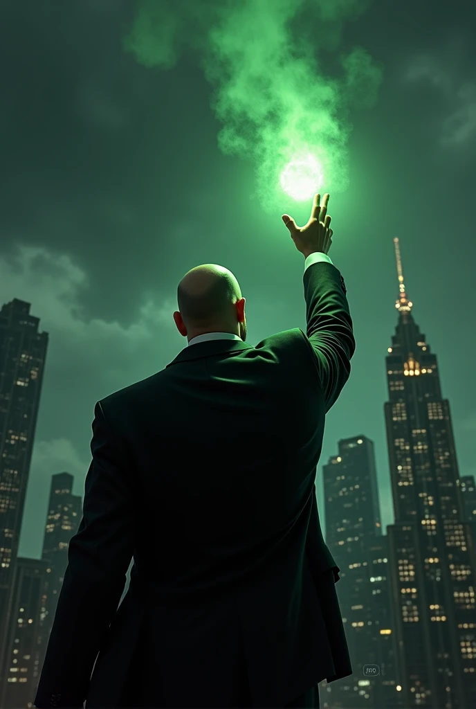 Lex Luther with his back turned holding a kryptonite rock to Gotham sky