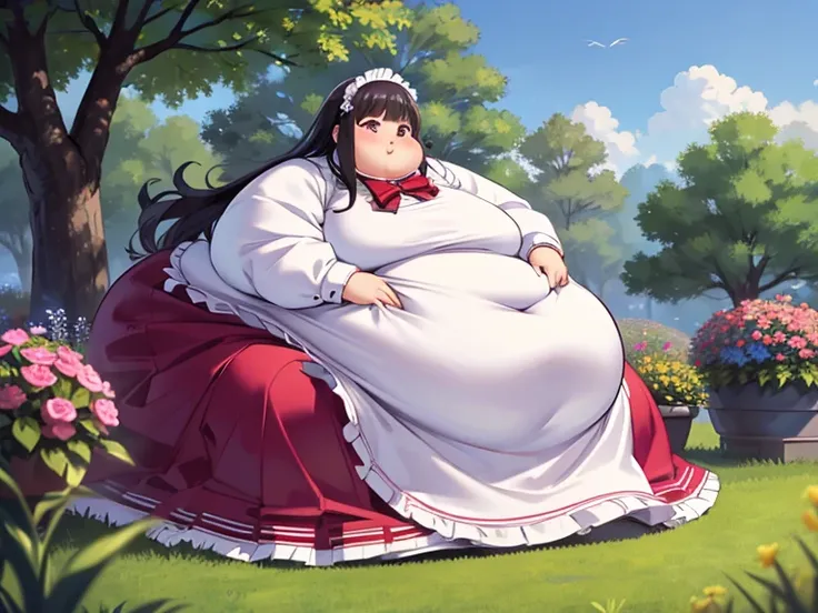 masterpiece,  best quality, Advanced Details ,  very obese ,  girl,  cute,  sitting on the floor,  very obese ,  My stomach is very sticking out, very big legs , Standing in the garden ,  The entire dress completely covers the body.、(pink long sleeve maid ...