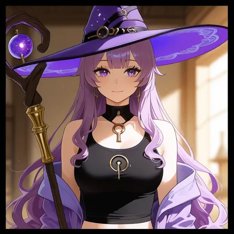 White woman bright purple eyes serius, a long wavy dark purple hair and a purple witch hat with cyan gens on the top, blue and gold barrette, wearing a black tanktop with silver details and a keyhole on the middle and purple overcoat tanktop. she is in a V...