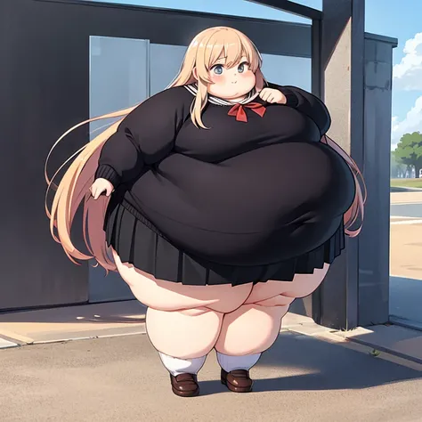 masterpiece,  best quality, Advanced Details ,  very obese ,  girl,  cute,  high school student, Standing on the floor,  very obese ,  My stomach is very sticking out, very big legs , Wear a uniform, sand-colored sweater,  black skirt,  Long Skirt ,  full ...