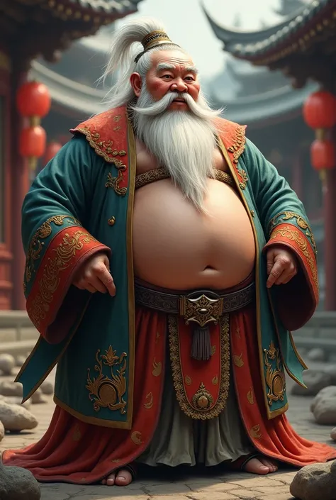 Chinese wizard old man beard white fat big Belly huge ballbelly wear Chinese clothing long time ago