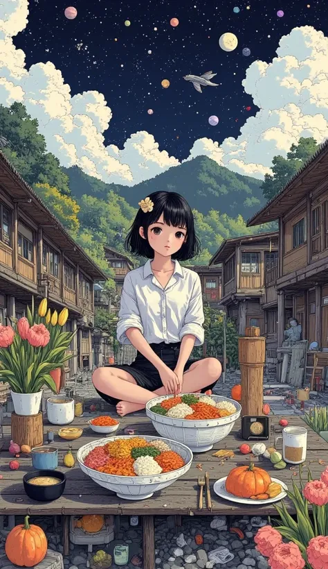 A large expanse of water in space, beautiful landscape. beautiful super gigantic huge realistic Bibimbap\(korean rice bowl with Namul and kimchi\) as large as universe. photogenic. focus Bibimbap,close up gigantic Bibimbap. korean girl and korean local old...