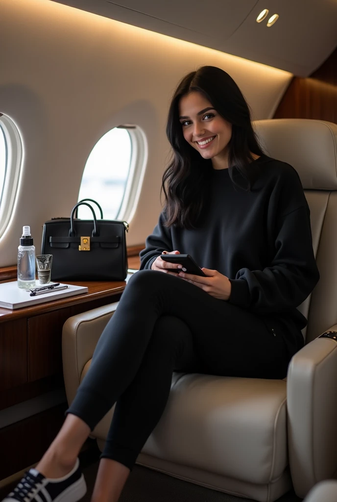 ( photorealism:1.2),  A woman seated in a luxurious private plane seat ,  enjoying a relaxed moment .  She is dressed in a black sweatshirt with a modern design ,  that is combined with dark leggings .  your feet are barefoot,  with sneakers adding a casua...