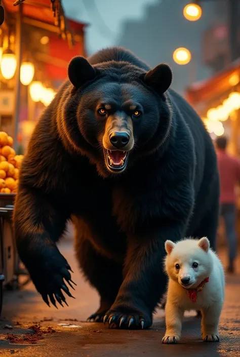 A powerful black-colored bear is approaching a golgappa stall with a dominant and intimidating presence. Its muscular frame moves with confidence, sharp claws slightly extended. The bear's dark fur shines under the warm glow of streetlights, highlighting i...