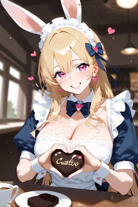 Depth of Field 1.2, super detailed eyes, Glowing Skin, beautiful glossy lips , glitter effect ,( gold hair,  long hair), cute woman  \( bunny girl\), maid cafe,  bunny girlメイドユニフォーム ,smile,  image from the seat facing ,Jagged teeth,((( Heart Hands ))),choc...