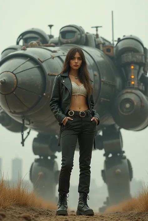 Retro-futuristic cyber dieselpunk hovercraft, full body shot of beautiful European female in clothes dieselpunk style, standing in front of the background a huge combat robot in dieselpunk style, in Syd Mead style 