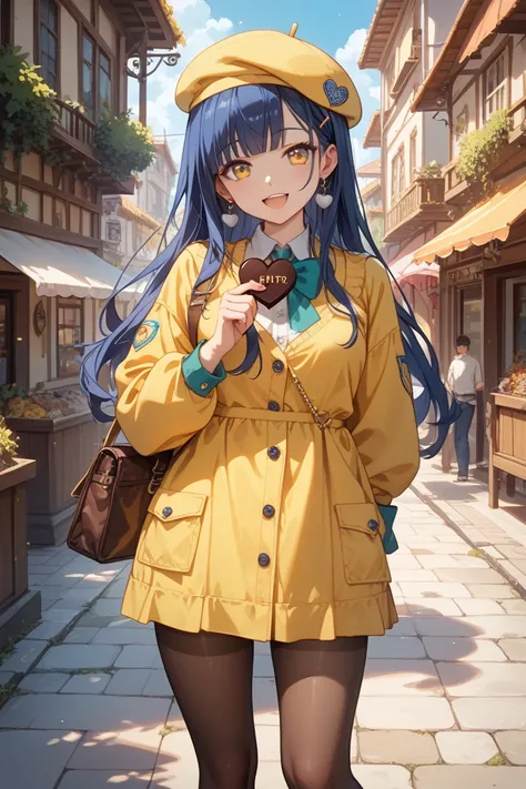 Yellow town background, girl in yellow clothes and yellow beret with a happy expression on her face, facing sideways and looking at the camera, holding one chocolate-coloured heart tucked under her arm and one leg out in front of her. One hand is held out ...