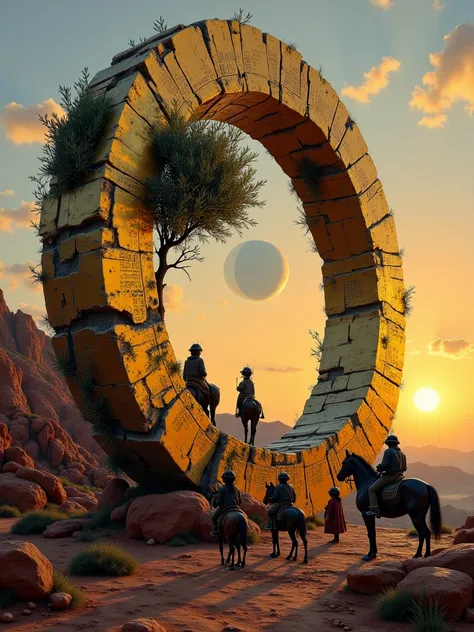 A group of native horsemen looks at an olive tree growing on top of a giant ancient, crumbling and broken golden ring, dotted with glowing electronic circuits and hieroglyphs. A large planet and a red rocky landscape are visible in the sunset sky. Sculptur...