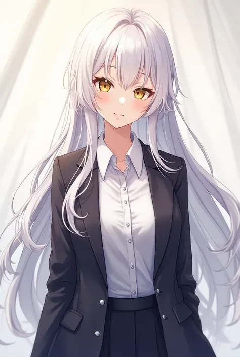 ( maximum quality,  better quality,  official art ,  full body,  beautiful and aesthetic :1.2)  an anime girl ,  white hair,  golden eyes,  Clear skin, outerwear for work.