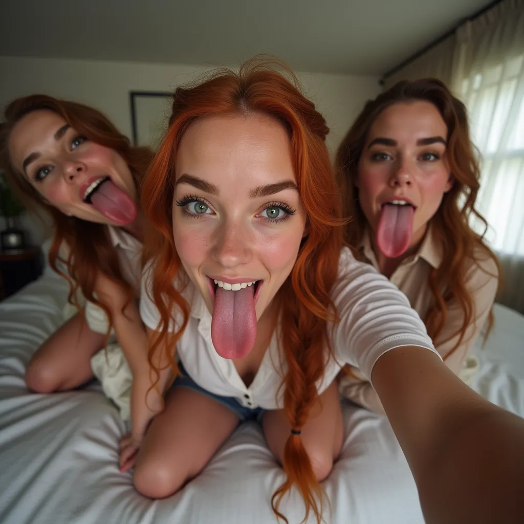 Pov selfie taken from low angel, Three beautiful Irish women with freckles, (mouth very wide open), long red hair in a french braid, (eyes open), wearing secretary outfit, kneeling on bed, hands behind their back, very thick thighs, tongue sticking all the...