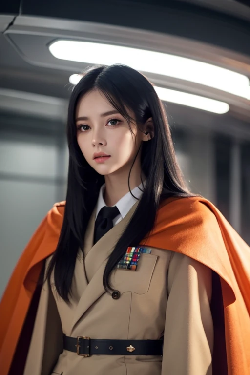  white  girl with long black hair is wearing a military uniform,  Orange Cape , Big hazel eyes,  Science Fiction , Dark mood, 