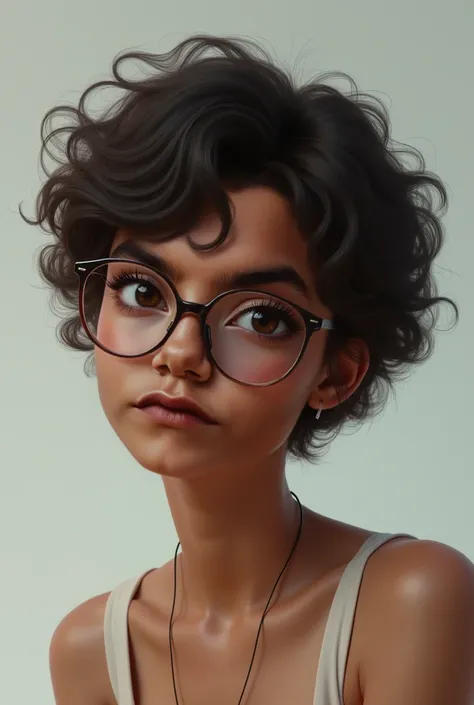 Make a character based on me, That's me in the photo,  I'm brown , I have 1,50, I have SHORT curly hair and I wear glasses 