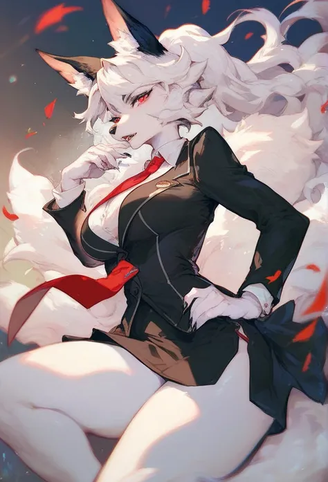 Furry wolf girl with white hair, black ears,  white skin,  red eyes ,  red tie , black suit and black skirt 
