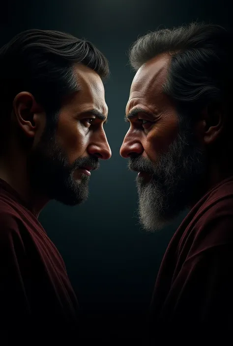 I want a poster with black background for mathew the apostle and demas the theif facing each other with their faces only