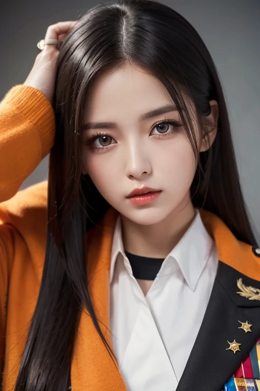  white  girl with long black hair is wearing a military uniform,  Orange Cape , Big hazel eyes,  Science Fiction , Dark mood, 