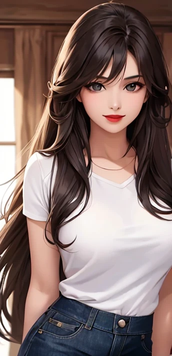 woman, smile, long hair brown, dark, she is solo, red lipstick, from alternative world ,best quality, realistic, white blue shirt, Black shorts 