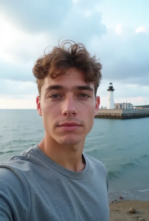 a fair-skinned young man with short curly hair taking a selfie outdoors, near the sea.  He's wearing a gray t-shirt and has a neutral expression on the face .  The framing of the photo cuts off part of your head ,  focusing mainly on your face .

In the ba...