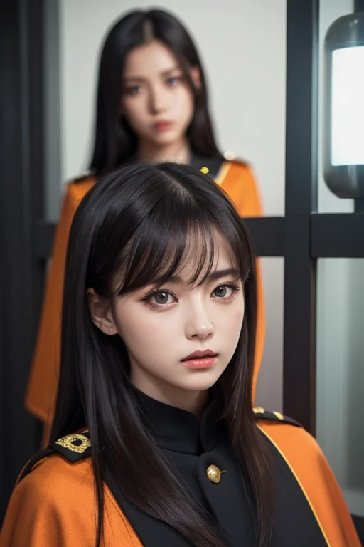 white girl with long black hair is wearing a military uniform, Orange Cape , Big hazel eyes, Science Fiction , Dark mood, 