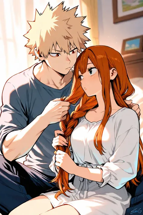 bakugo katsuki, girl with long auburn hair, couple, cute, braiding hair,