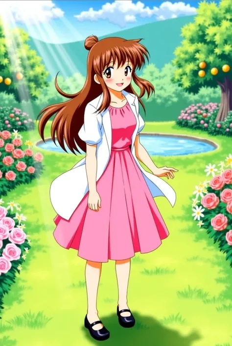 An illustration by Kasumi Tendo, character of *Ranma ½ *, with her long brown hair tied. Wear a beautiful pink dress with short sleeves. He also wears a white coat and black shoes.. Her warm, captivating smile adorns her beautiful face, blush and her brown...