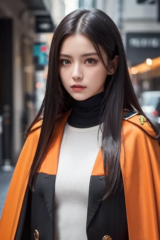 white girl with long black hair is wearing a military uniform, Orange Cape , Big hazel eyes, Science Fiction , Dark mood, 