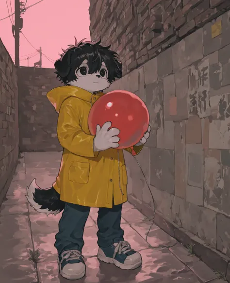 source_ furry， furry male，elementary school students，((boy)),Two dog boys，Dog Tail  ,short hair,masterpiece, newest,absurdres, incredibly absurdres, bright eyes, detailed eyes,short hair,  messy hair, blacnk stare, yellow raincoat, solo, holding red balloo...