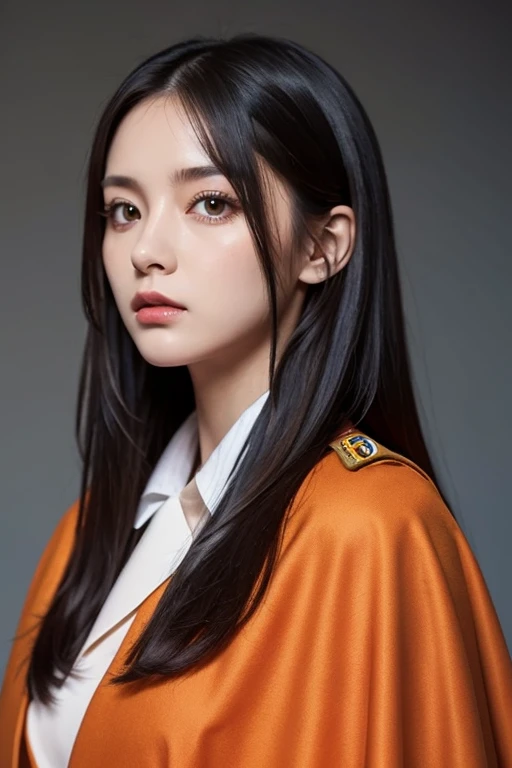 white girl with long black hair is wearing a military uniform, Orange Cape , Big hazel eyes, Science Fiction , Dark mood, 