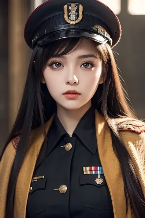  white  girl with long black hair is wearing a military uniform,  Orange Cape , Big hazel eyes,  Science Fiction , Dark mood, 