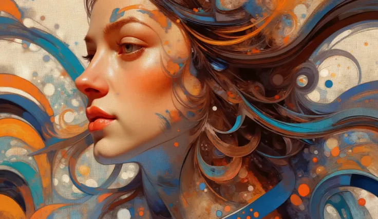  an artistic portrayal of a woman with an expressive profile. Her hair flows freely, animated with vibrant brush strokes in shades of brown, blue, and hints of yellow. The use of color creates a dynamic and lively feel, emphasizing the movement and texture...