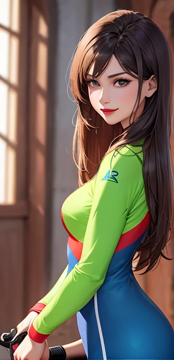 woman, smile, long hair brown, dark, she is solo, red lipstick, from alternative world ,best quality, realistic, blue and green cycling suit and cycling shorts 