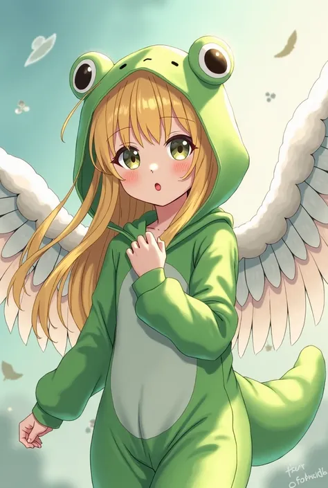 Anime video: blonde girl in frog-shaped pajamas and angel wings