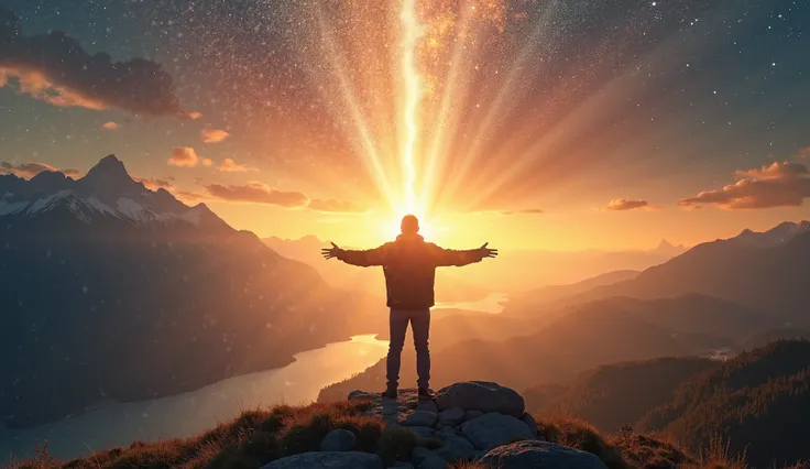 "A heavenly and inspiring image of a man standing on a mountain at dawn,  with open arms ,  looking at a starry sky that begins to be illuminated by the sun .  Beams of divine light descend upon him ,  representing the presence of God everywhere . In the b...