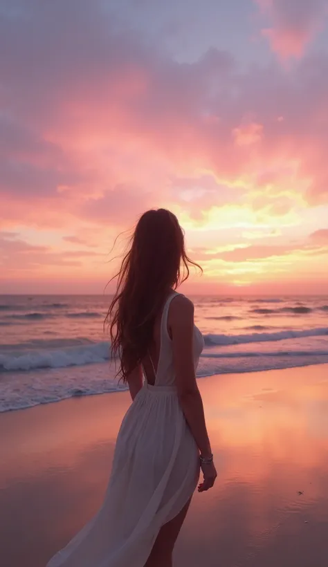 A serene shot of a young woman standing on a quiet beach, viewed from behind, as she gazes at a breathtaking sunset. Her long, flowing hair gently sways in the ocean breeze. She wears a light, elegant dress that softly moves with the wind. The sky is a mes...