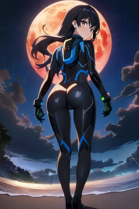 19 years old girl, (((big boobs))), (((wearing black zero-tech suit with blue details))), (short black hair), (((brown eyes))), thin arms, (on the beach at night with starry sky and full blood moon), (slim waist), (normal hip), (((long sexy legs))), muscul...