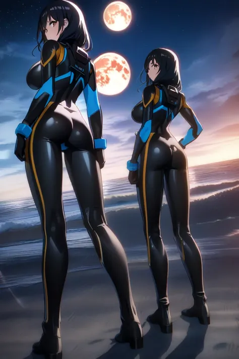 19 years old girl, (((big boobs))), (((wearing black zero-tech suit with blue details))), (short black hair), (((brown eyes))), thin arms, (on the beach at night with starry sky and full blood moon), (slim waist), (normal hip), (((long sexy legs))), muscul...