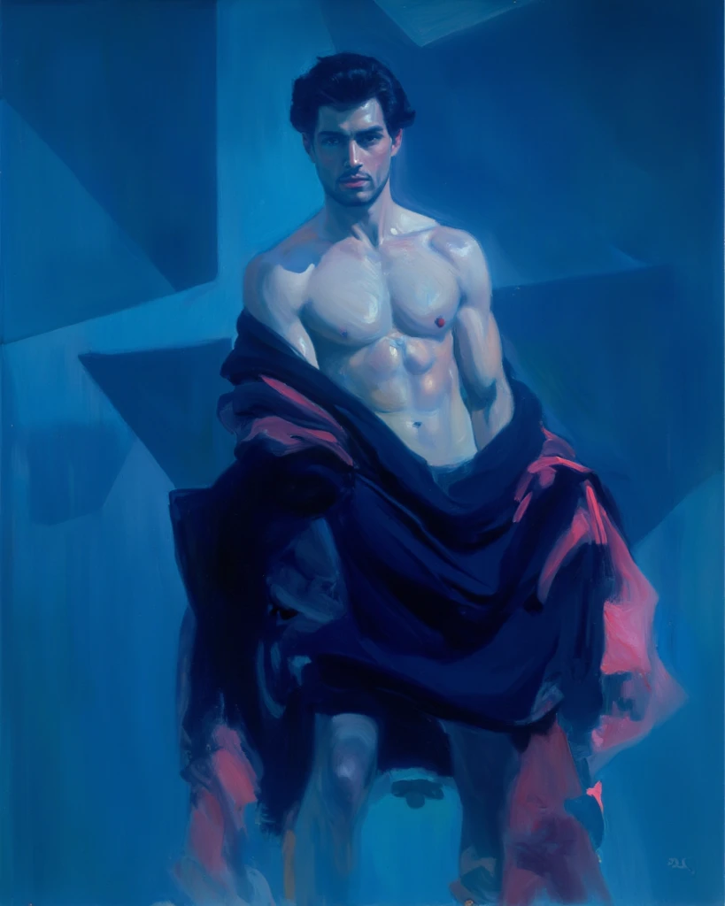 chiaroscuro technique on sensual illustration of an arafed supermodel sexy masculine, diego fazio, male model, by Ludovit Fulla, model with attractive body, inspired by Ludovit Fulla, mid-shot of a hunky, the model draped in flowing, thick oil painting by ...