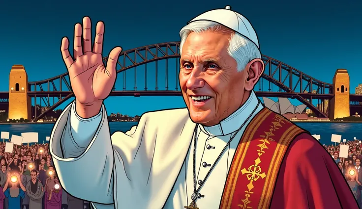 A detailed comic book illustration of Pope Benedict XVI at World Youth Day 2008 in Sydney. The German pontiff wears his traditional white cassock with the red and gold mozzetta draped over his shoulders as he waves to the crowd. His serene face, with deep ...