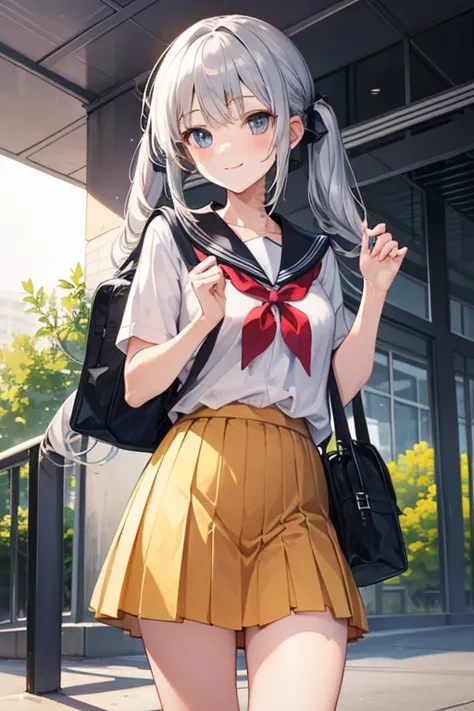 a girl, highschool student, silver twintail, standing, hand up, smile, school , glance, evening, Carrying a school bag