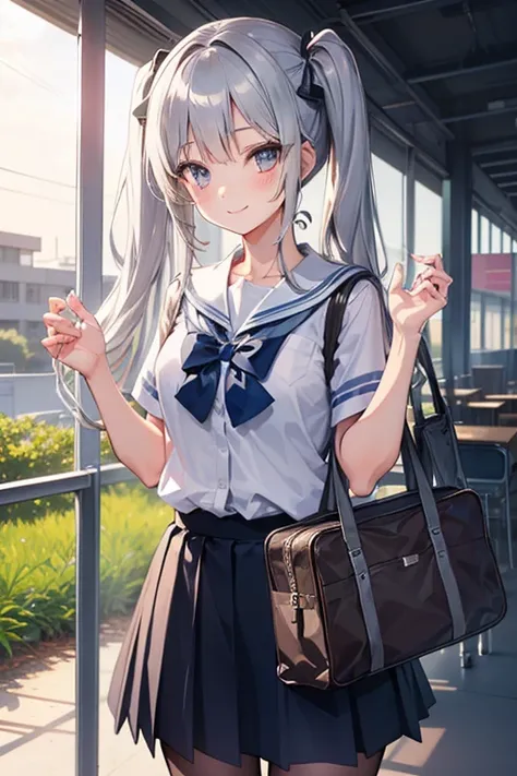 a girl, highschool student, silver twintail, standing, hand up, smile, school , glance, evening, Carrying a school bag