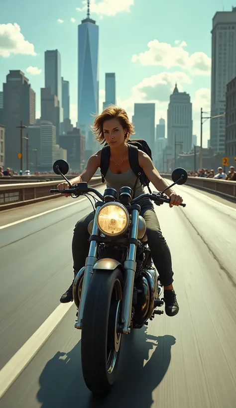  Woman with short hair on top of a motorbike,  at high speed,  crossing a bridge , Running away from the police, with a backpack, scenario:  a city with large buildings , people on the sidewalk , scenario detalhado,  Realistic lighting, clear day,  realist...