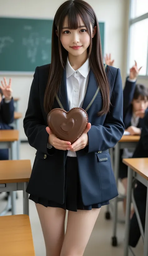 (It depicts a very young Korean pop idol girl wearing a blazer school uniform。),((Male students raising their hands)),((I have a big heart-shaped chocolate)),((( legs open))),((smile)),(Put a ribbon on your head),((( full body shot on one side))),((( schoo...
