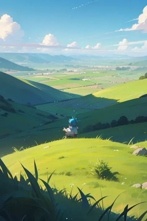 Make a background of a grassland landscape, also add hills and plateaus, there is a  with blue hair raising one hand, aka wanting to reach the blue sky.