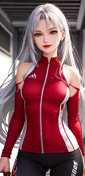 woman, smile, long hair silver, dark, she is solo, red lipstick, from alternative world ,best quality, realistic, red cycling suit and cycling shorts 