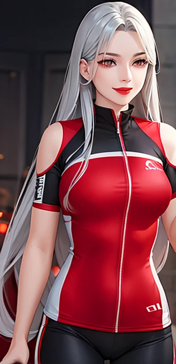 woman, smile, long hair silver, dark, she is solo, red lipstick, from alternative world ,best quality, realistic, red cycling suit and cycling shorts 