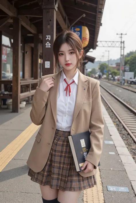  beautiful young Japanese schoolgirl standing at the local train station , Beautiful Faces and Eyes ,(((camel brown blazer ))),((( white blouse))), ),(((Red string bow on neck ))), (( brown and blue plaid skirt )), navy socks, detailed face and eyes ,  A b...