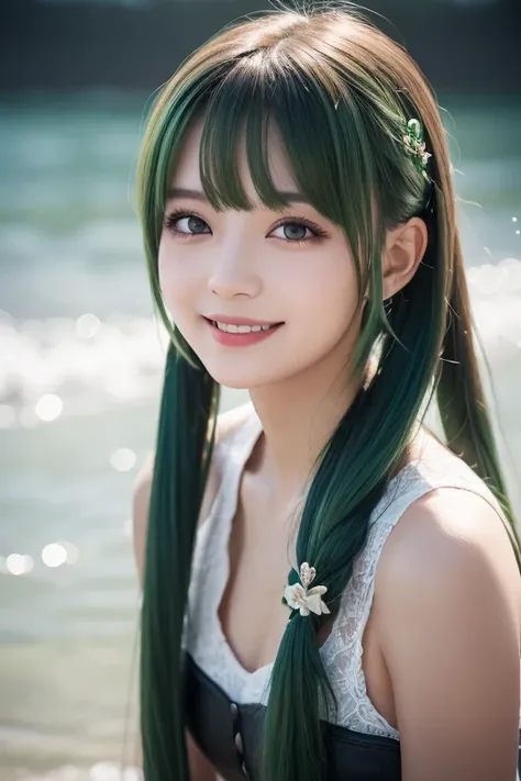  1 girl, Alone,  hair ornament,  green hair,  twin tails,  long hair,  dress, water,, Mid-range portrait photography  ,,  Dark Fantasy Backdrop , Charming grin.,  ultra-realistic and highly detailed intricate photorealistic analog style、Sharp focus of the ...