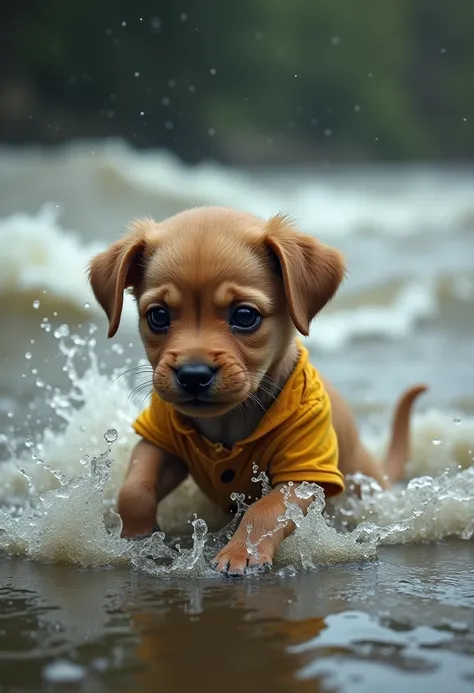 A puppy with a dirty shirt washed away by a flooded river 