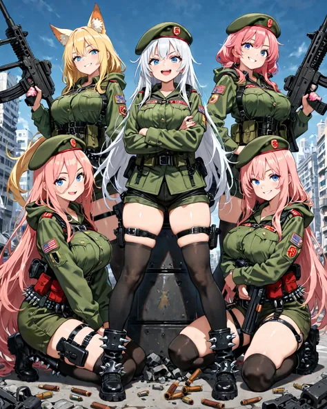  masterpiece,  best quality, 超 high resolution , up to date,  very aesthetic ,  amazing quality, high resolution ,sensitive, 8 girls, soldier girls, Animal ears , militar beret, sly grin,  hooded eyes,  blue eyes, girls surrounding, holding heavy Machine g...