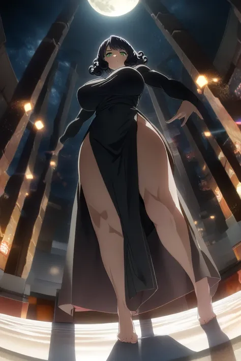 28 years old mature woman, (((big boobs))), (((black long sleeved dress with 4 long slits showing her legs))), (short curly black hair), (((green eyes))), thin arms, (on the beach at night with starry sky and full blood moon), (slim waist), (normal hip), (...